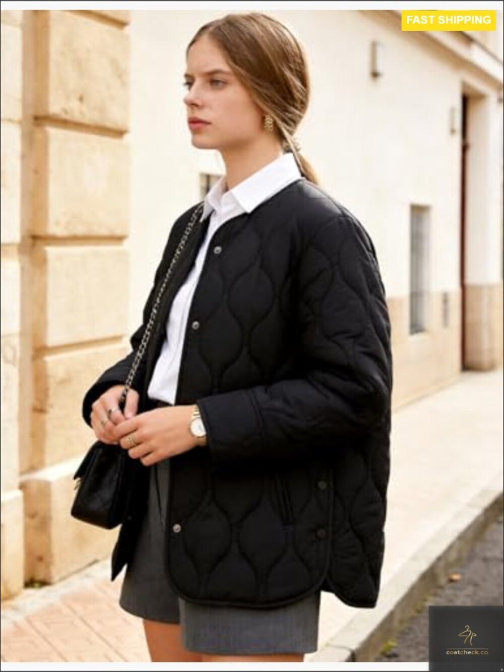Oversized Quilted Puffer Jacket Lightweight Button Down Chic Outerwear - Picture 5 of 7